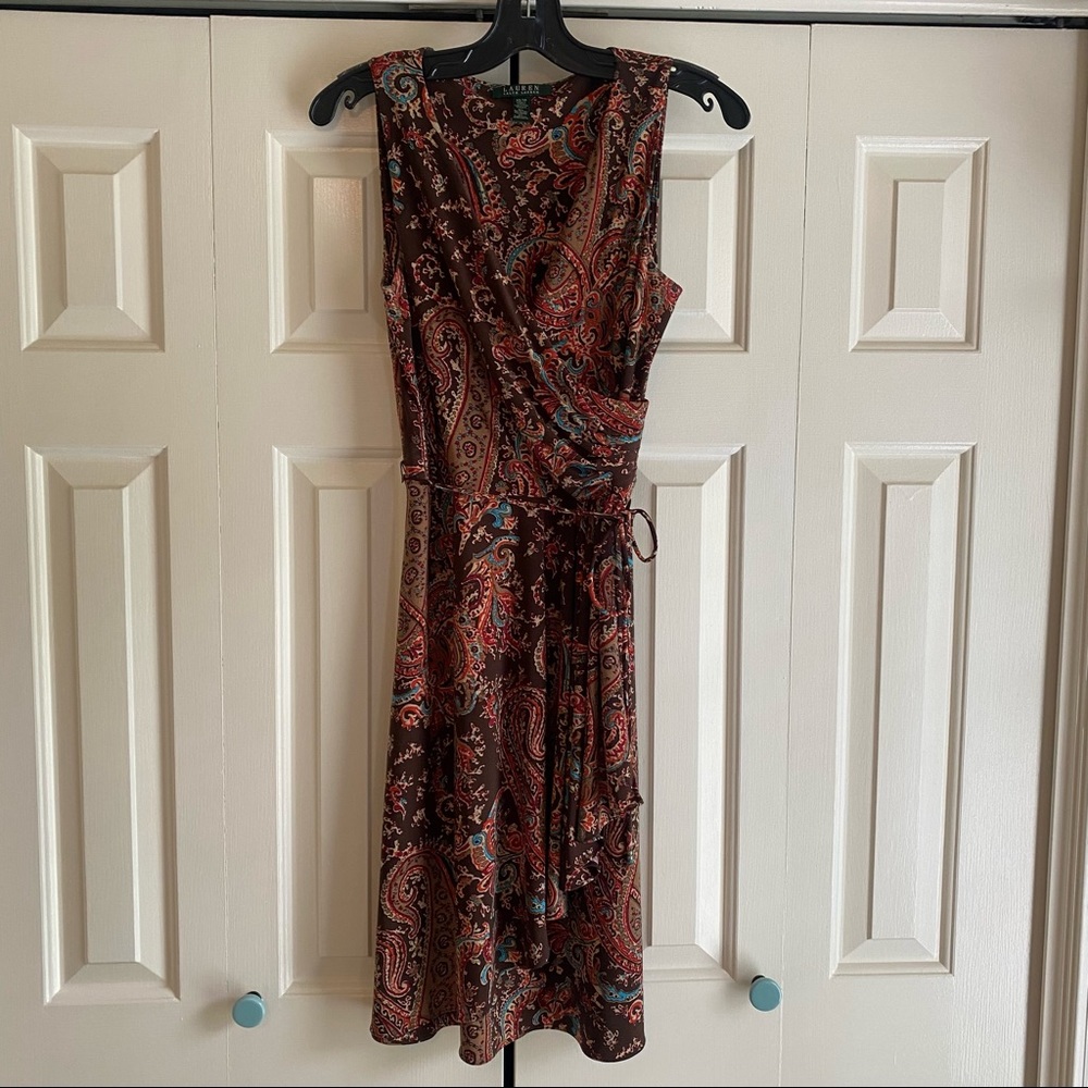 Lauren Ralph Lauren brown print faux wrap dress. Sz XS sleeveless